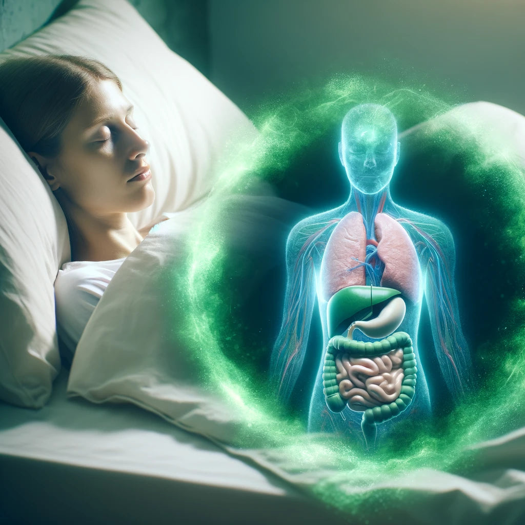 LiveGrounded Earthing Sheets 5 DALL E 2024 02 21 23.49.04 Generate a photorealistic image of a woman sleeping soundly in her bed with a subtle overlay of her internal organs visibly healing surrounded by a